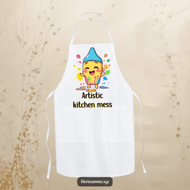 Funny artist apron with a giggling crayon character happily smearing vibrant colors, designed for messy creative fun.