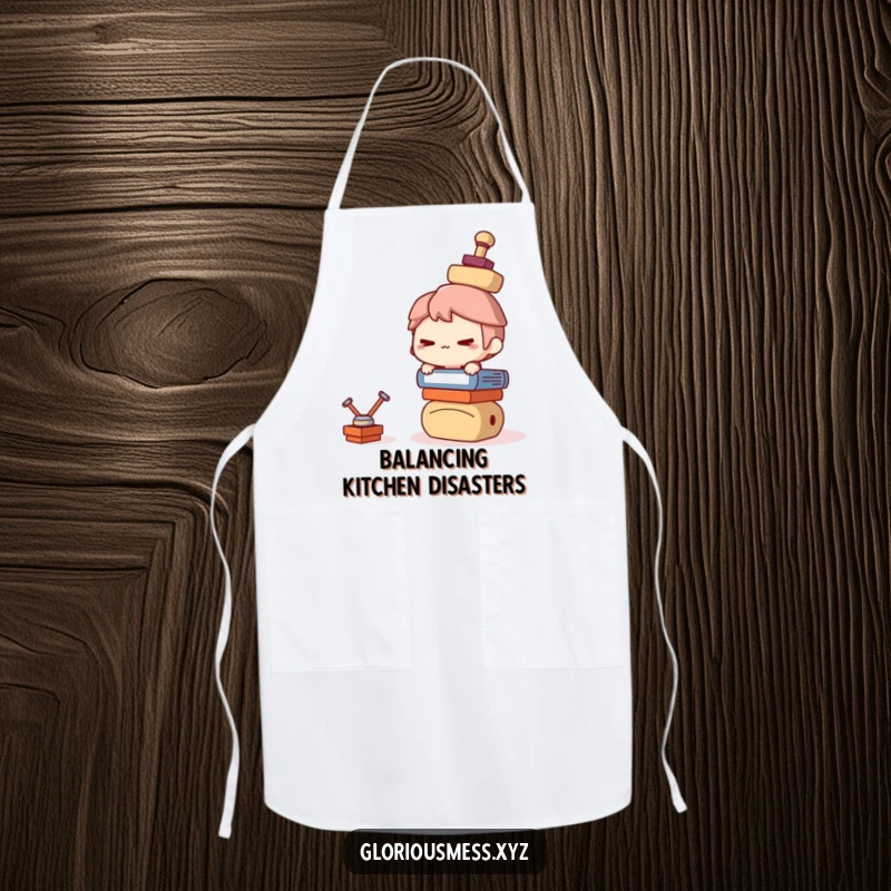 Funny Apron: Mischievous character balancing kitchen items precariously, perfect for cooking and a funny gift.