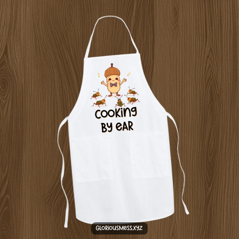 Funny apron with a mischievous acorn in a bowtie conducting crickets, adding a humorous and protective touch to cooking.