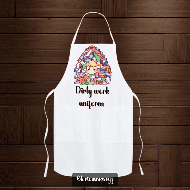 Funny Apron: Character with a knowing wink points to a laundry pile, ideal for chores and a funny gift.