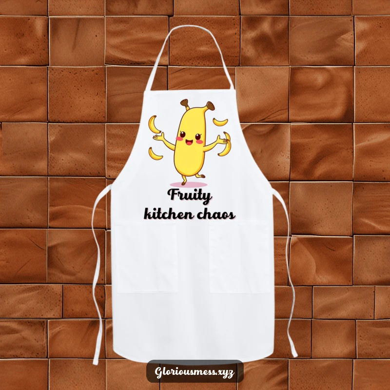 Funny apron with a happy, dancing banana character juggling smaller bananas, bringing kitchen fun and humor, perfect funny gift.