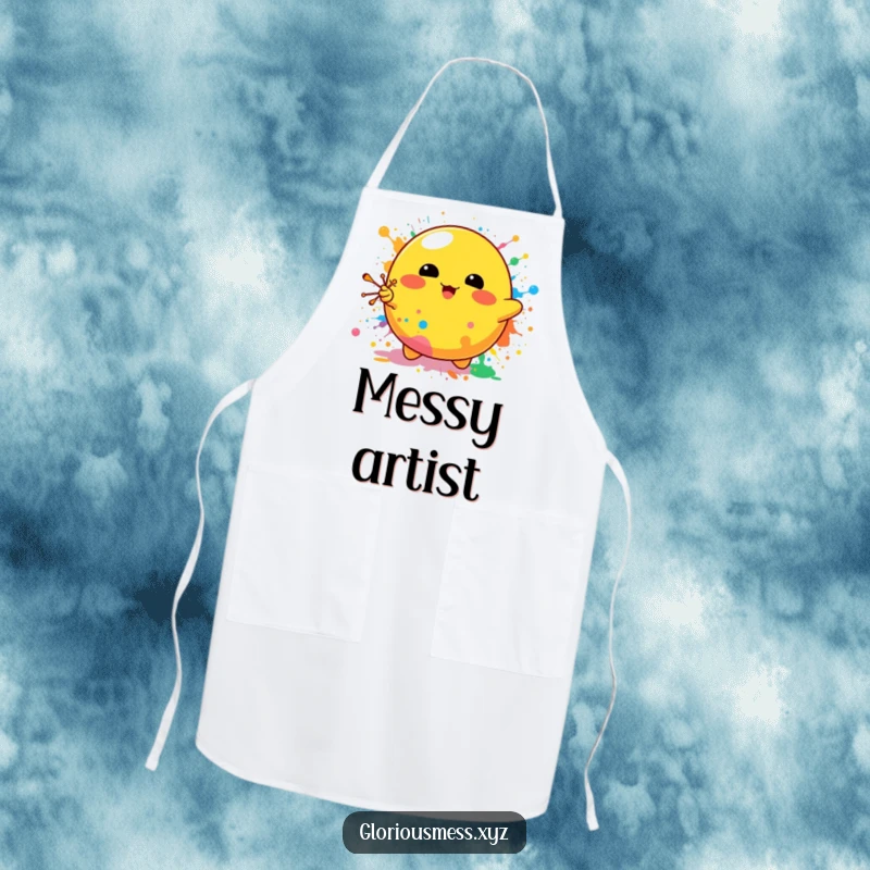 Funny apron showcasing a cheerful yellow blob character enthusiastically splattering colorful paints, perfect for protecting clothes during creative endeavors.