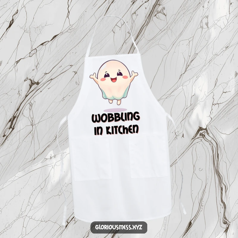 Funny apron with a bouncing jelly character spreading joy, perfect for humorous cooking and baking.