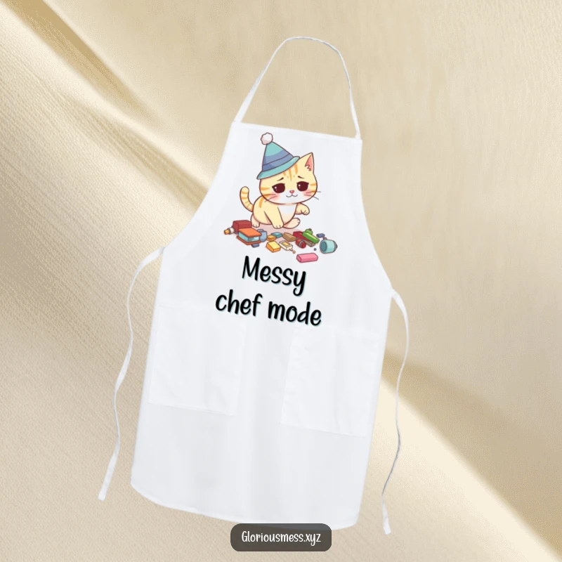 Funny apron with a confused cat wearing a silly hat tripping over scattered objects, ideal for kitchen humor and protection.