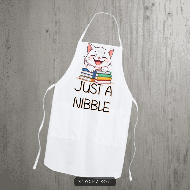 Funny apron featuring a grinning cat tripping over books, bringing humor and personality to the kitchen.