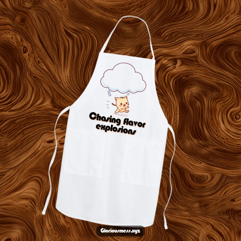Funny Apron with a frantic creature chasing a giggling cloud, ideal for adding humor to cooking and baking.