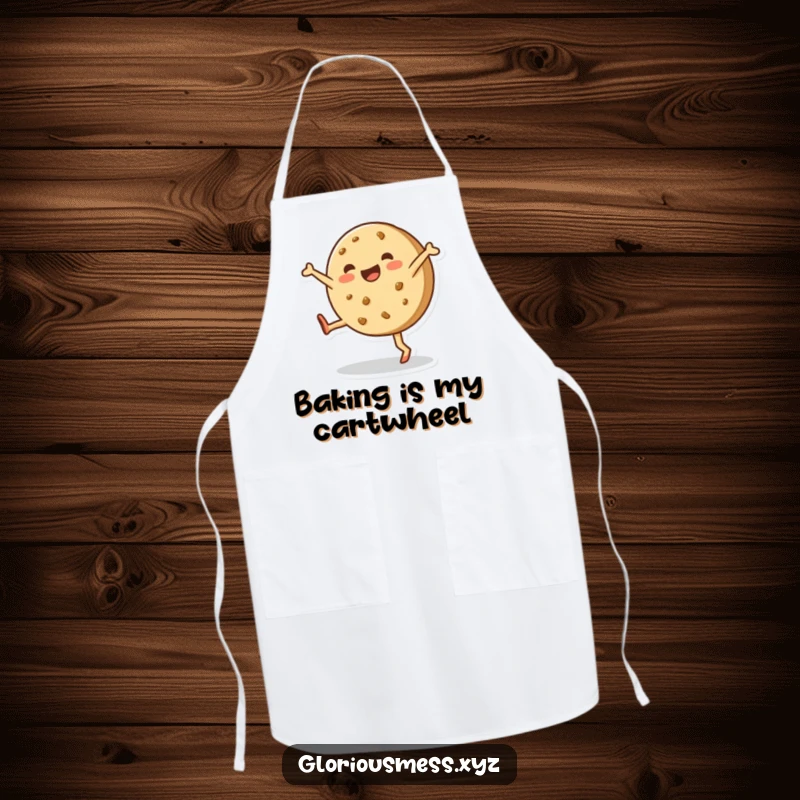 Funny baker apron with a happy, lopsided cookie enthusiastically doing a cartwheel, adding a touch of fun to baking.