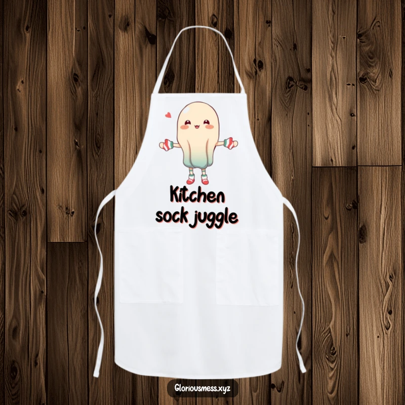 Funny kitchen apron showing a wobbly jelly character hilariously juggling mismatched socks.