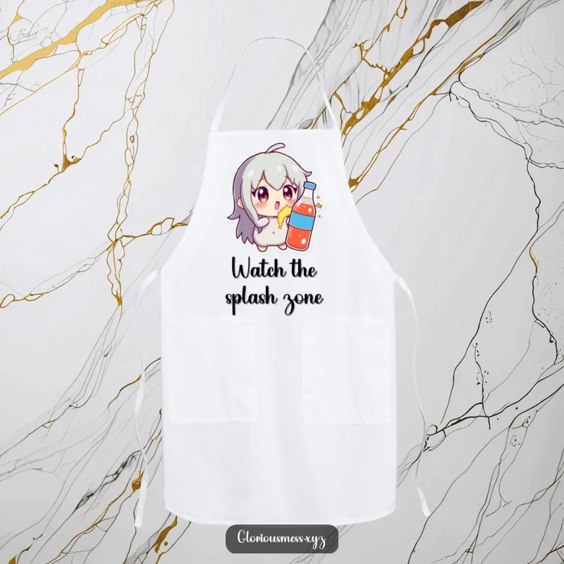 Funny apron for cooks, featuring a character with wide eyes watching a soda bottle explode, bringing humor to the kitchen with a bubbly mishap.