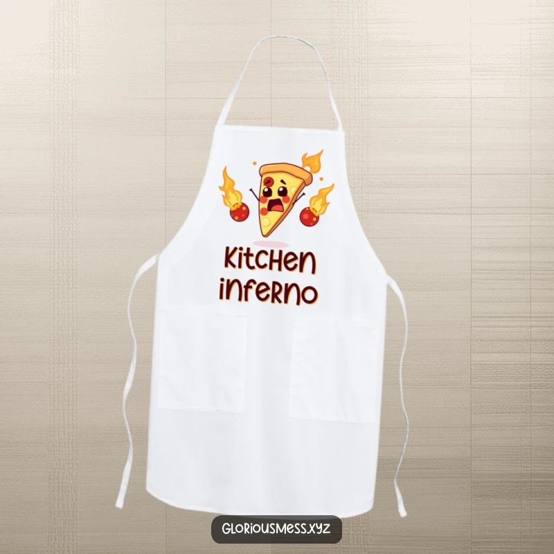 Funny apron depicting a startled pizza slice juggling flaming meatballs, adding a humorous and protective layer to cooking adventures.