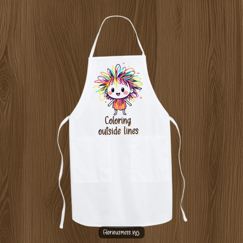 Funny sentient scribble character bursting with colorful energy, a functional and artistic apron for a fun cooking experience.