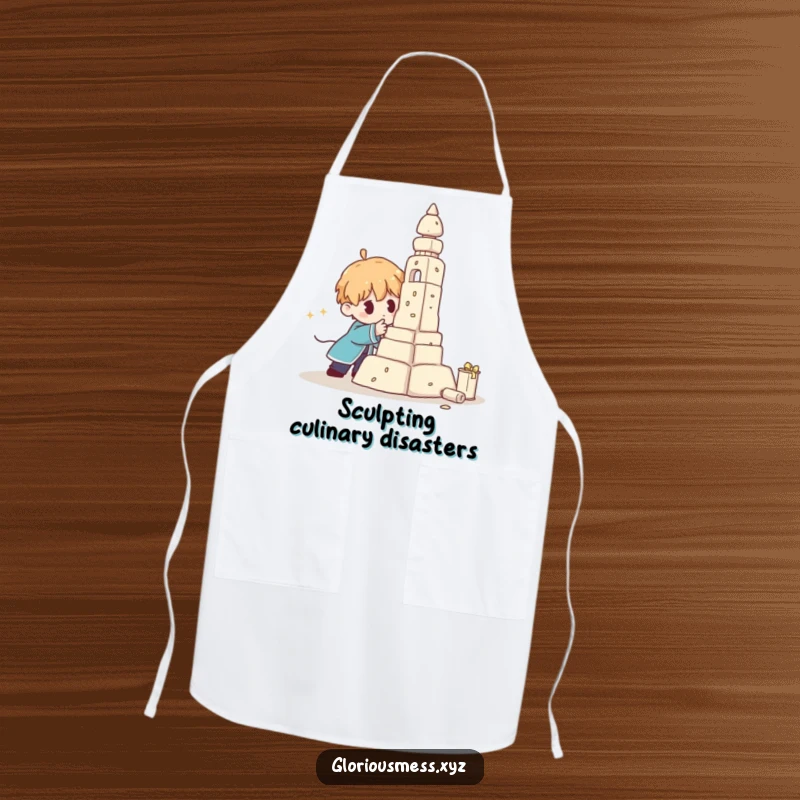 Funny Apron depicting a character attempting to control a falling sculpture, great for chefs and crafters with a sense of humor.