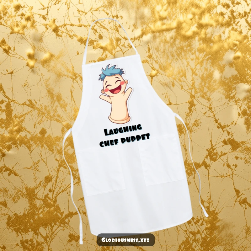 Funny kitchen apron showing a smiling sock puppet character wiggling uncontrollably with laughter.
