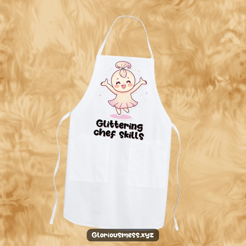 Funny Apron: Happy character covered in glitter spinning, ideal for kitchen fun and a funny gift.