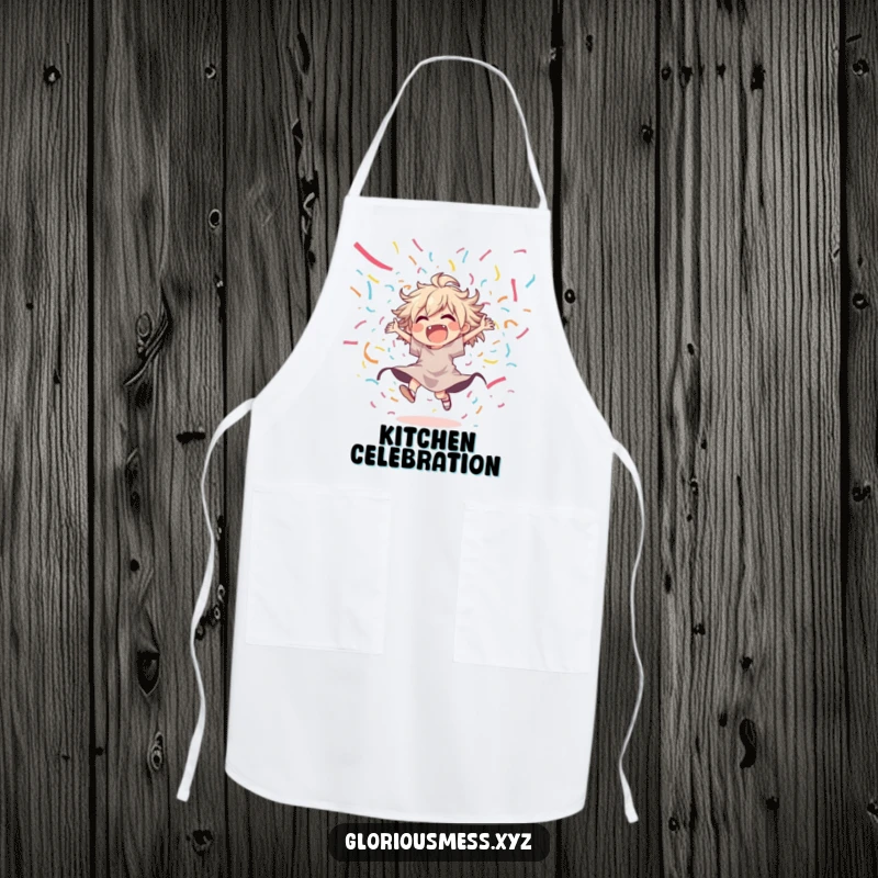 Funny apron featuring a joyful, disheveled character dancing wildly amidst a cascade of colorful streamers, perfect for festive cooking.