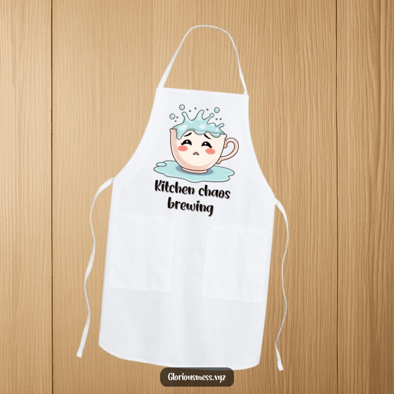 Funny confused teacup character overflowing with bubbling liquid, a functional and humorous apron for a fun cooking experience.