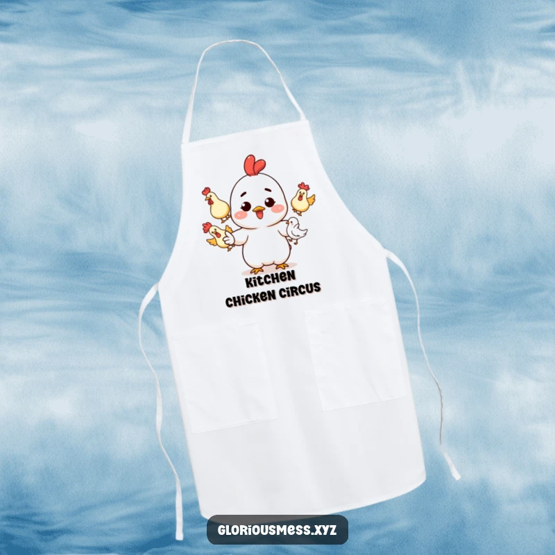 Funny Apron: Character with ink splatters juggling rubber chickens, ideal for art and a funny gift.