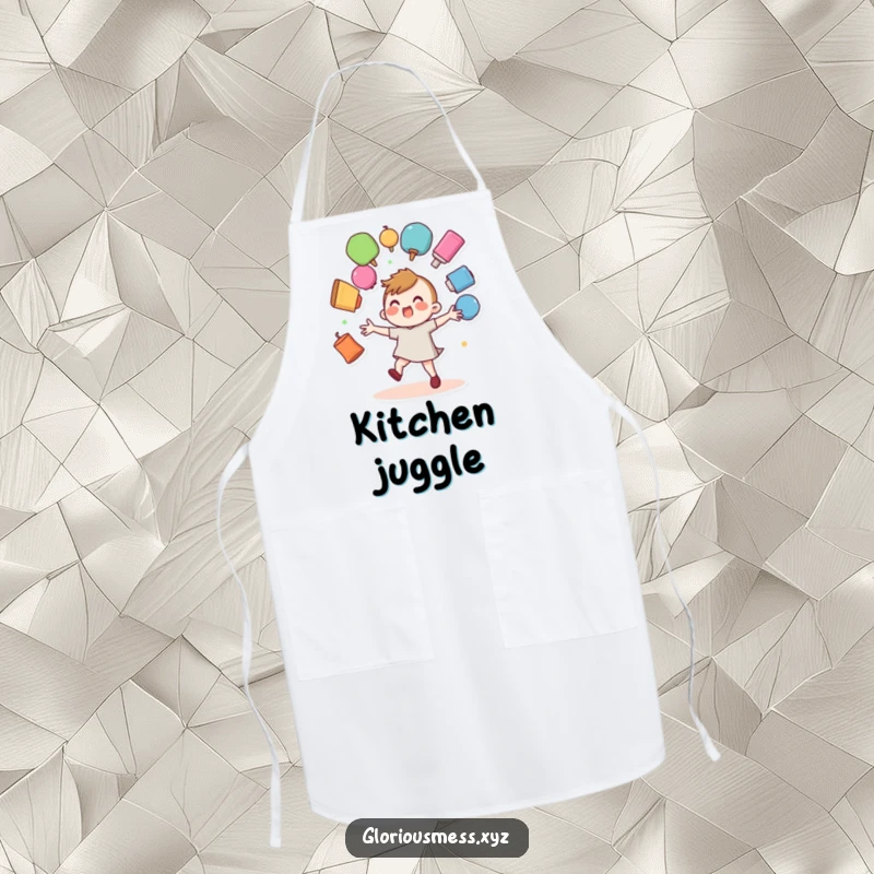 Funny apron showing a wobbly character trying to juggle multiple colorful objects that are about to drop.