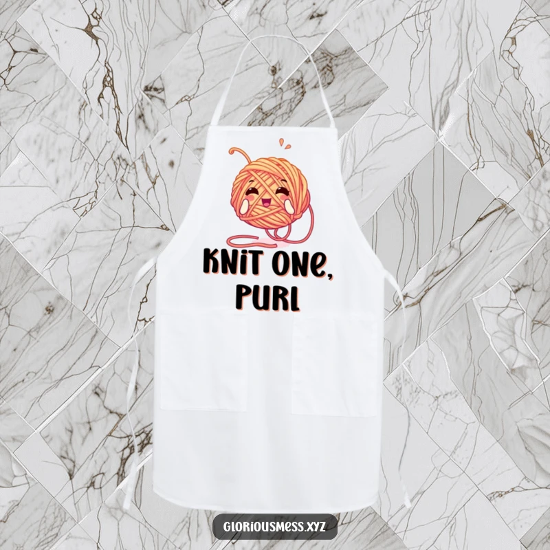 Funny apron showcasing a tangled yarn ball character unwinding with glee, perfect for crafting and protecting clothes.