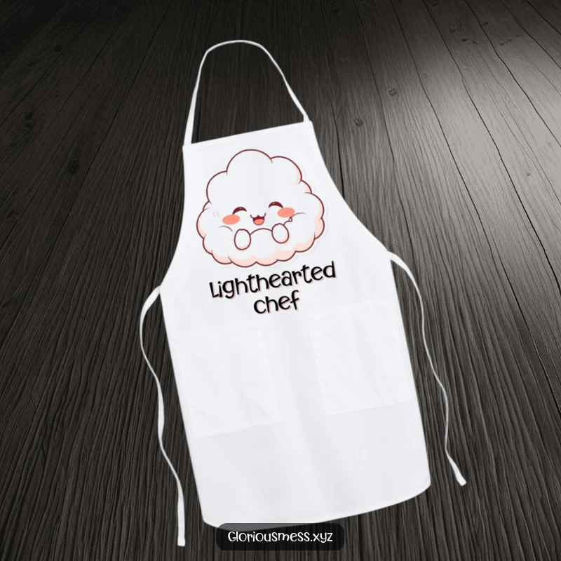 Funny apron showcasing a fluffy cloud character with rosy cheeks, giggling uncontrollably, adding cheer to kitchen activities.