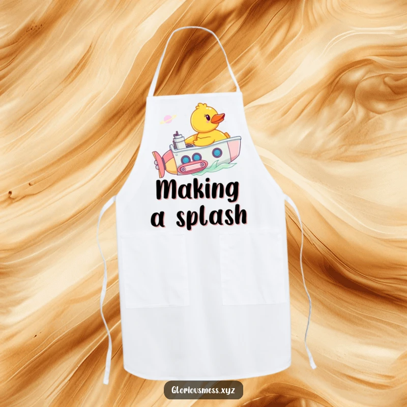 Funny apron with a rubber duck piloting a submarine through a bathtub nebula, adding a humorous and protective touch to cooking.