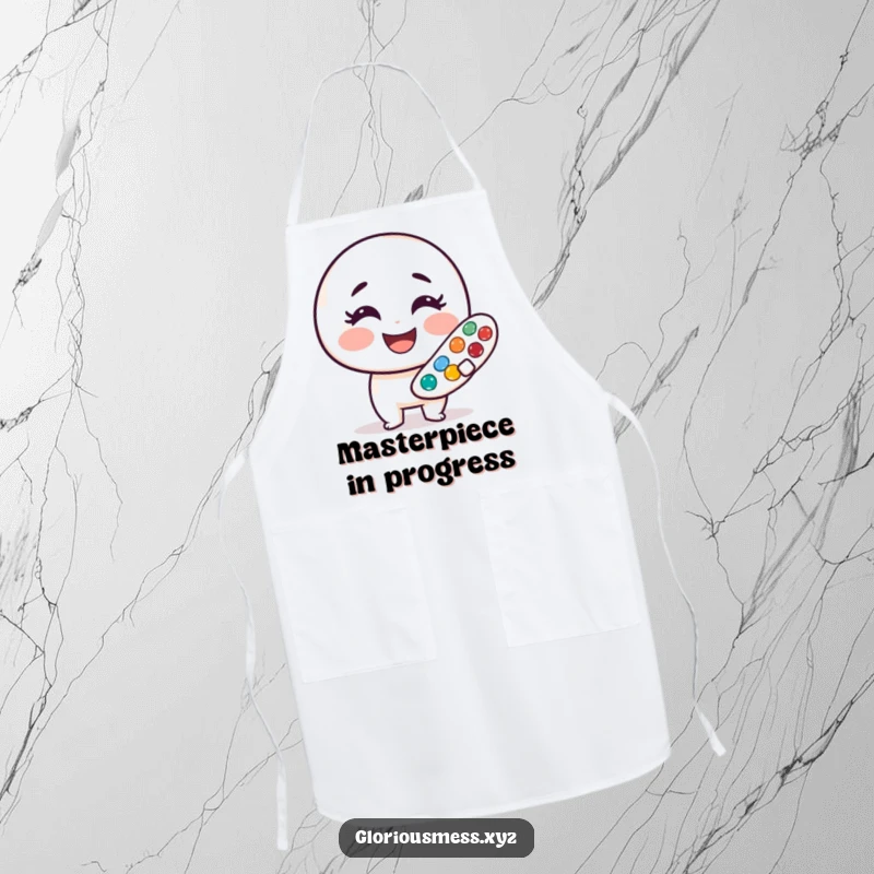 Funny apron featuring a cheerful paint palette character, ready for kitchen creations with a colorful, smudged design, perfect funny gift.