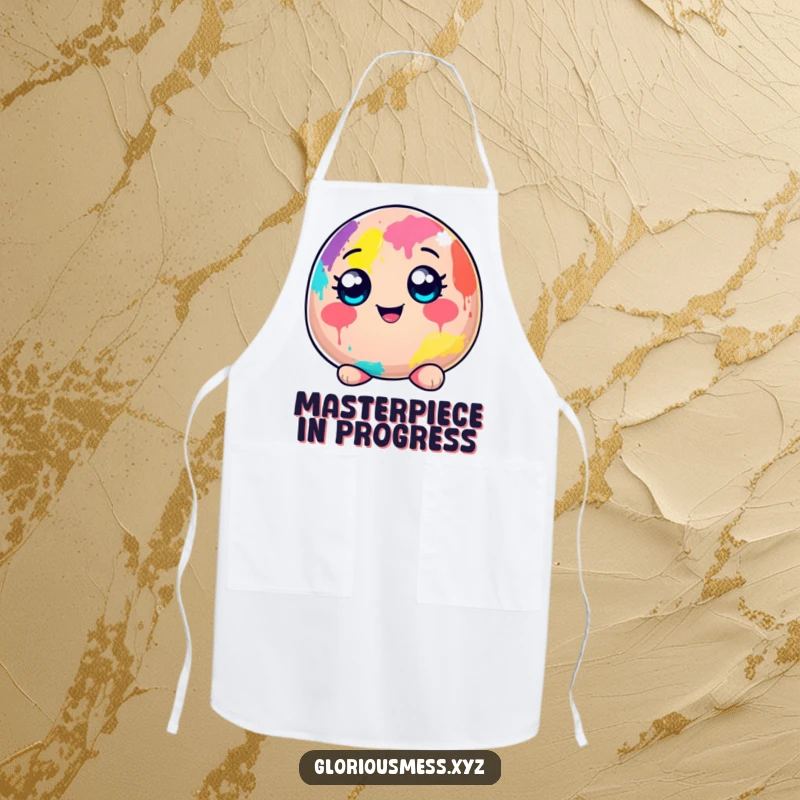 Funny apron featuring a cheerful blob character, completely covered in colorful paint, designed for artists and messy crafters.
