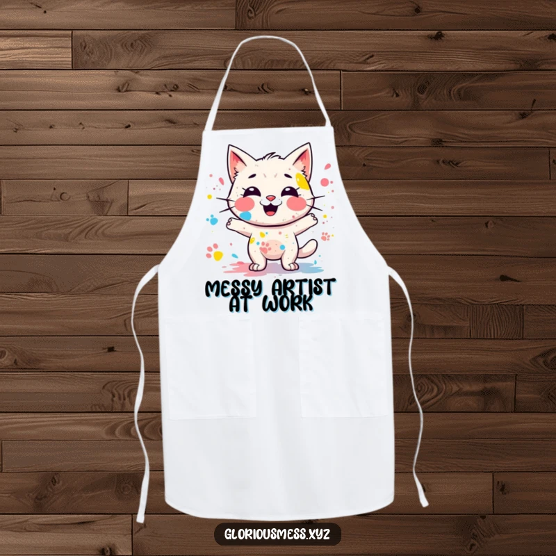 Funny apron with a giggling, messy paint splatter character leaving colorful paw prints, bringing art and humor to the kitchen, perfect funny gift.