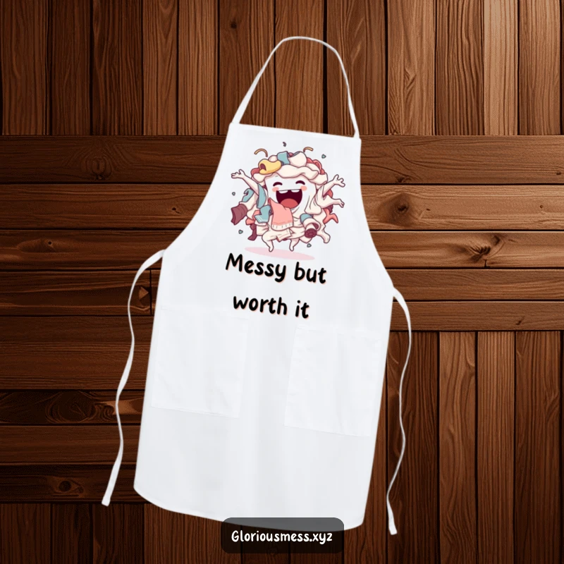 Funny Apron: A sentient pile of laundry humorously doing a wild, energetic, chaotic dance while cooking, adding kitchen humor.