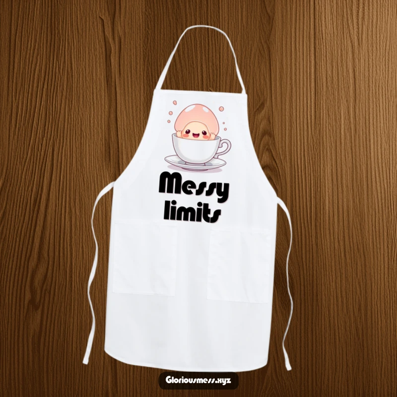 Funny apron with a sentient jelly blob hilariously trapped in a teacup, adding a humorous and protective touch to cooking.