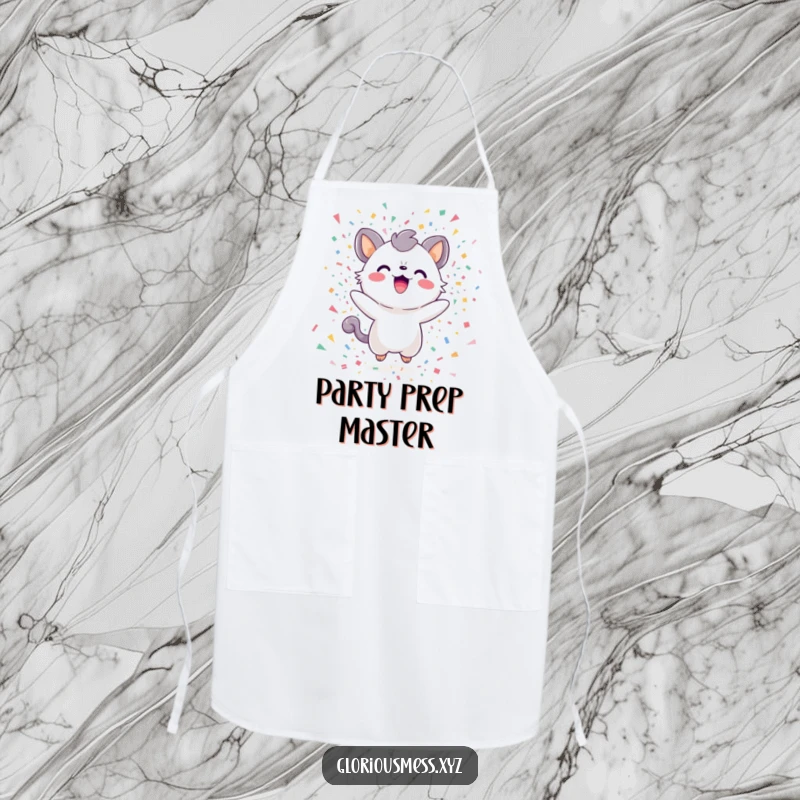 Funny Apron featuring a delighted creature in a vibrant confetti explosion, ideal for adding humor to cooking and baking.