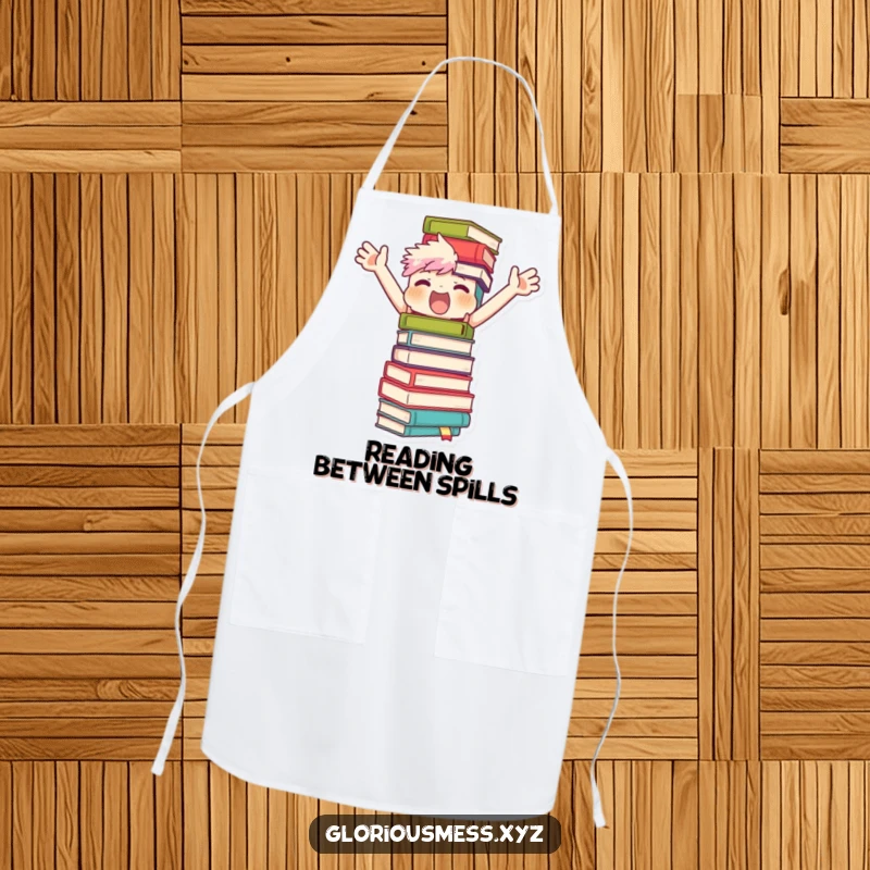 Funny apron showing a character with arms flailing, attempting to balance a large, unstable tower of books, adding humor to the kitchen.