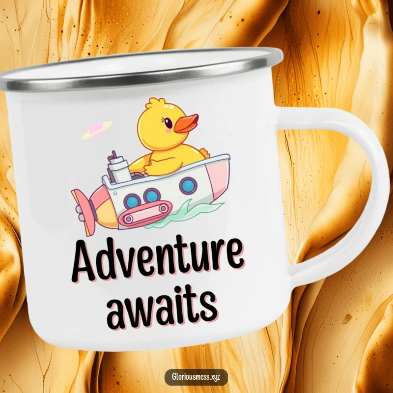 Funny camping mug featuring a rubber duck piloting a submarine through a bathtub nebula, perfect for outdoor drinks and bath enthusiasts.