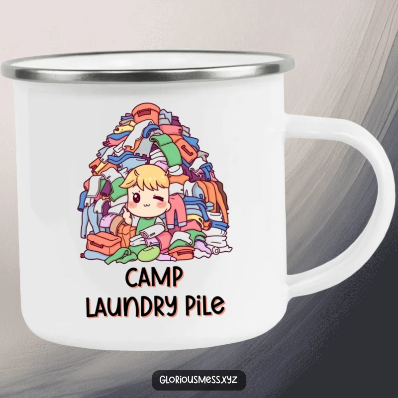 Funny Camping Mug: Character with a knowing wink points to a laundry pile, built for adventure and a funny gift.