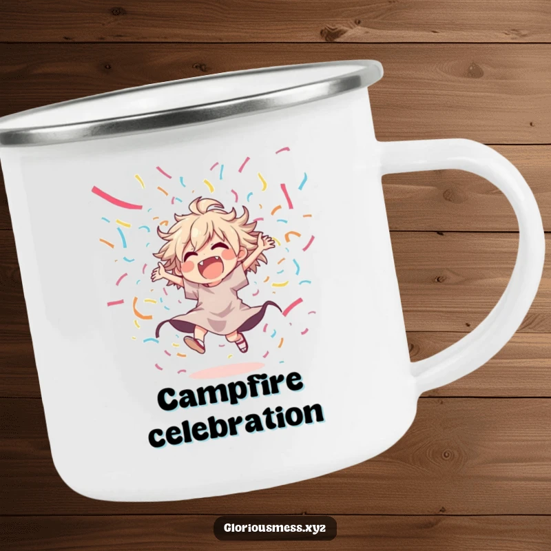 Funny camping mug showing a joyful, disheveled character dancing wildly amidst a cascade of colorful streamers, perfect for outdoor parties.