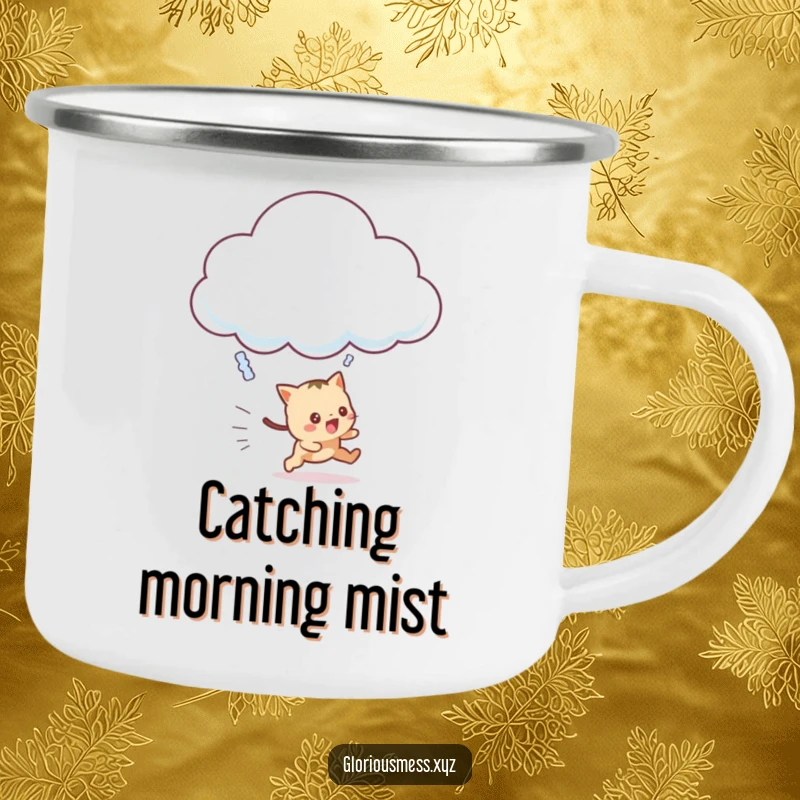 Funny Camping Mug showing a frantic creature chasing a giggling cloud, perfect for outdoor adventures and morning coffee.
