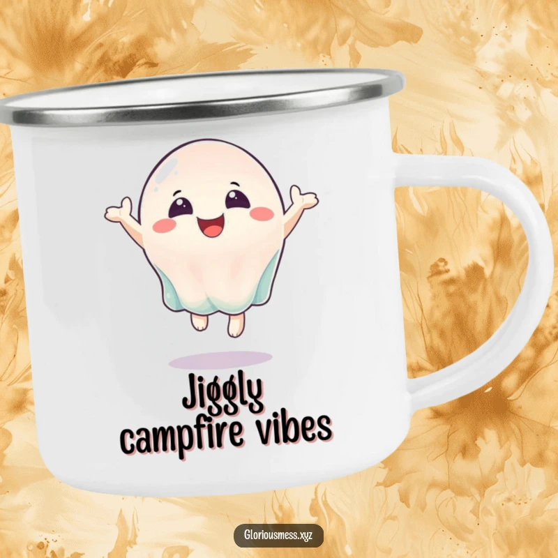 Funny birthday camping mug with a bouncing jelly character spreading joy, perfect for outdoor celebrations and coffee lovers.