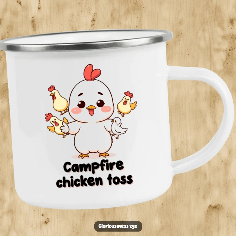 Funny Camping Mug: Character with ink splatters juggling rubber chickens, built for adventure and a funny gift.