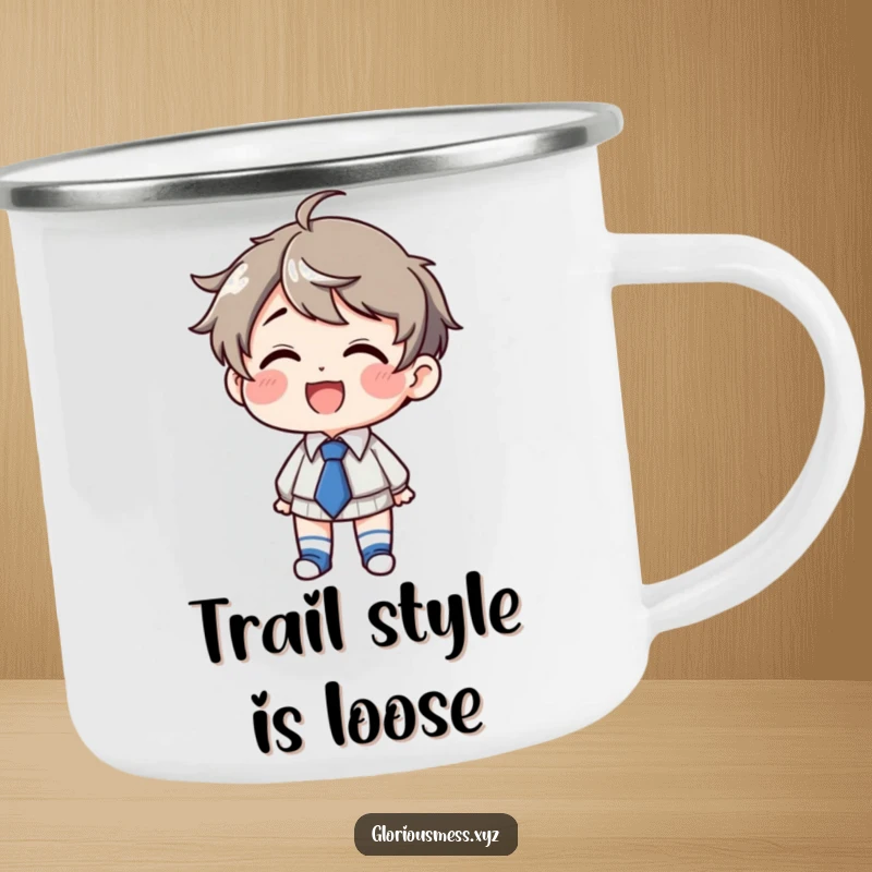 Funny Camping Mug: Giggling character with mismatched socks and crooked tie, built for adventure and a funny gift.