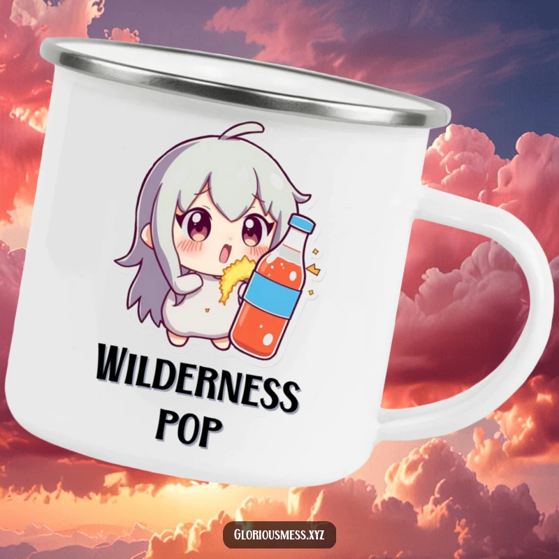 Funny camping mug showing a character with wide, comical eyes facing a soda bottle that’s exploding, perfect for outdoor humor and bubbly adventures.