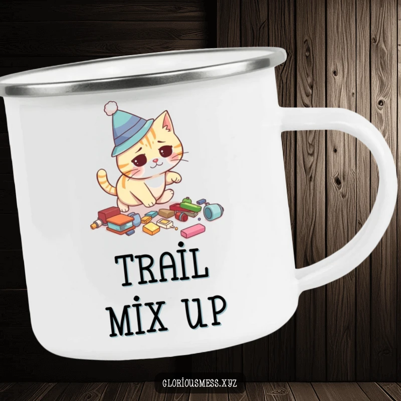 Funny camping mug showcasing a confused cat in a silly hat tripping over scattered objects, perfect for outdoor enthusiasts and humor lovers.