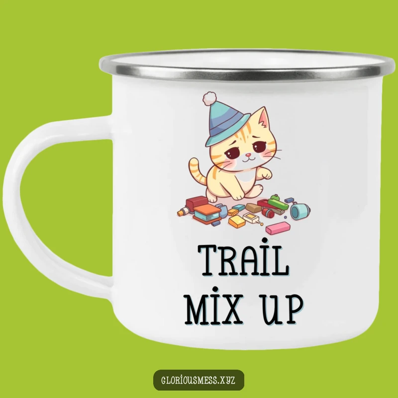 Funny Cat Camping Mug: Adventure fuel with a silly hat cat's hilarious trip