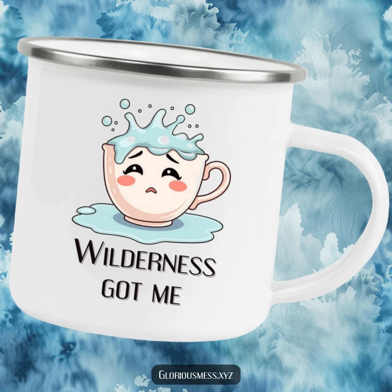 Funny confused teacup character overflowing with bubbling liquid, a durable camping mug featuring a humorous and charming design.