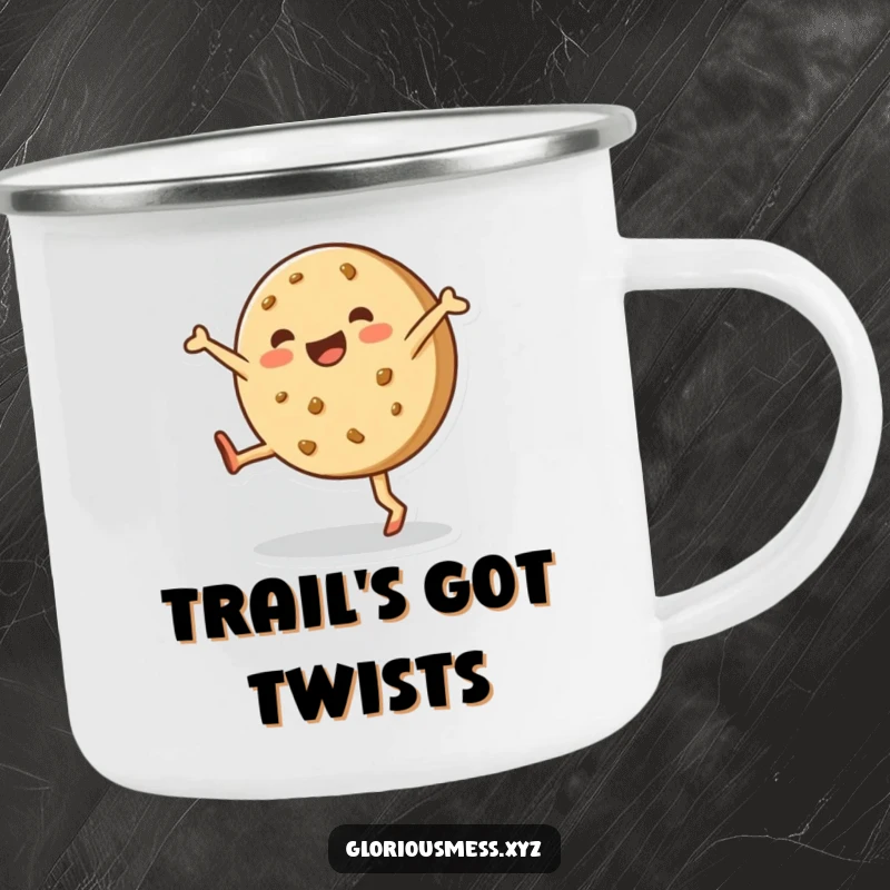 Funny enamel camping mug with a happy, lopsided cookie enthusiastically doing a cartwheel, perfect for sweet outdoor moments.