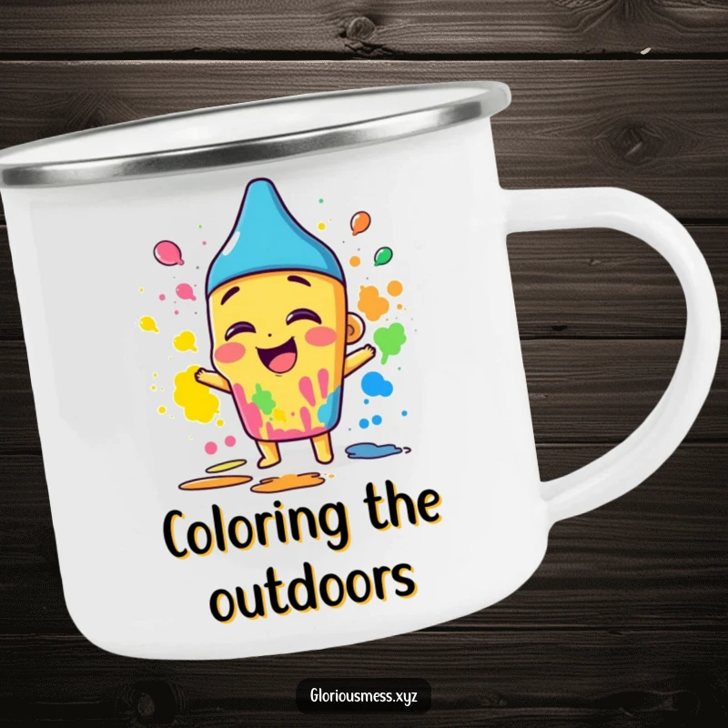 Funny enamel camping mug with a giggling crayon character wildly smearing vibrant colors, perfect for creative outdoor moments.
