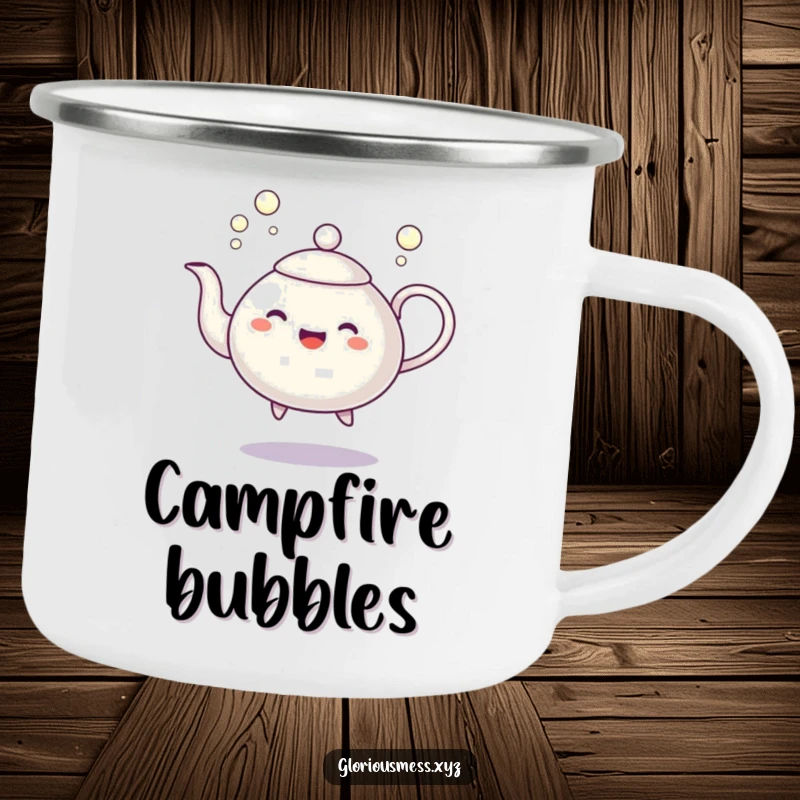 Funny camping mug featuring a dancing teapot character spilling cheerful bubbles, perfect for outdoor enjoyment and spreading smiles.
