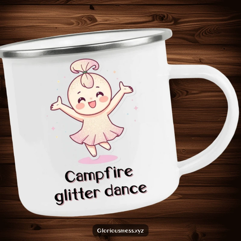 Funny Camping Mug: Happy character covered in glitter spinning, built for adventure and a funny gift.