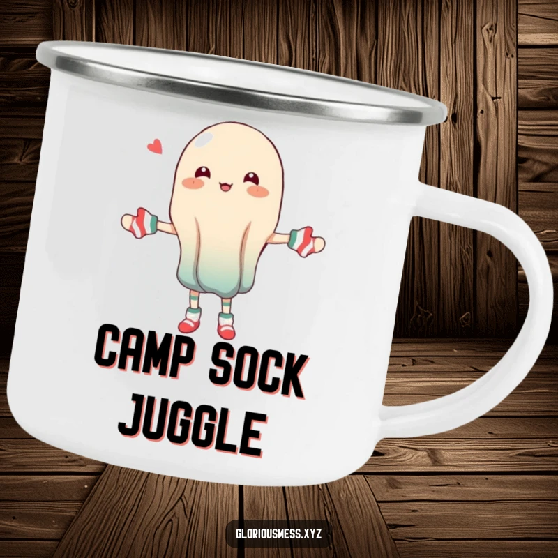 Funny enamel camping mug with a wobbly jelly character humorously juggling mismatched socks.
