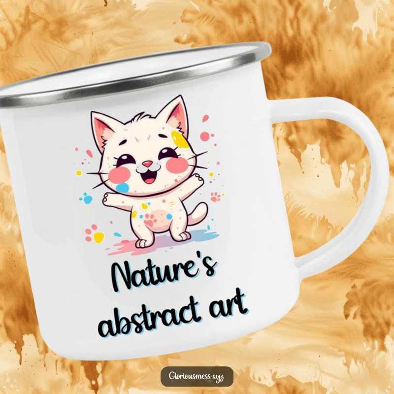 Funny camping mug with a giggling, messy paint splatter character leaving colorful paw prints, perfect for outdoor art, great funny gift.