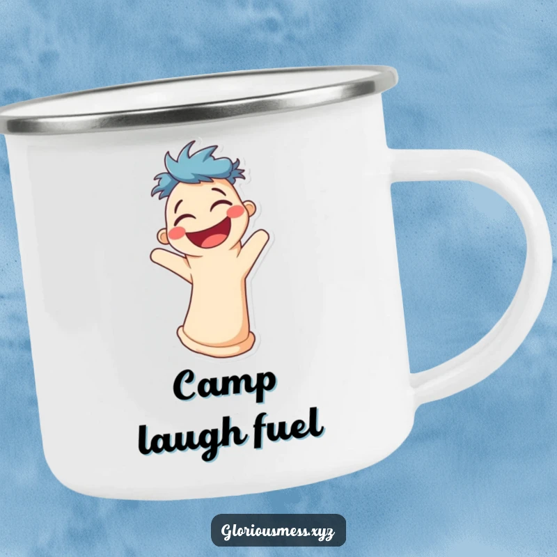 Funny enamel camping mug with a smiling sock puppet character wiggling uncontrollably with laughter.